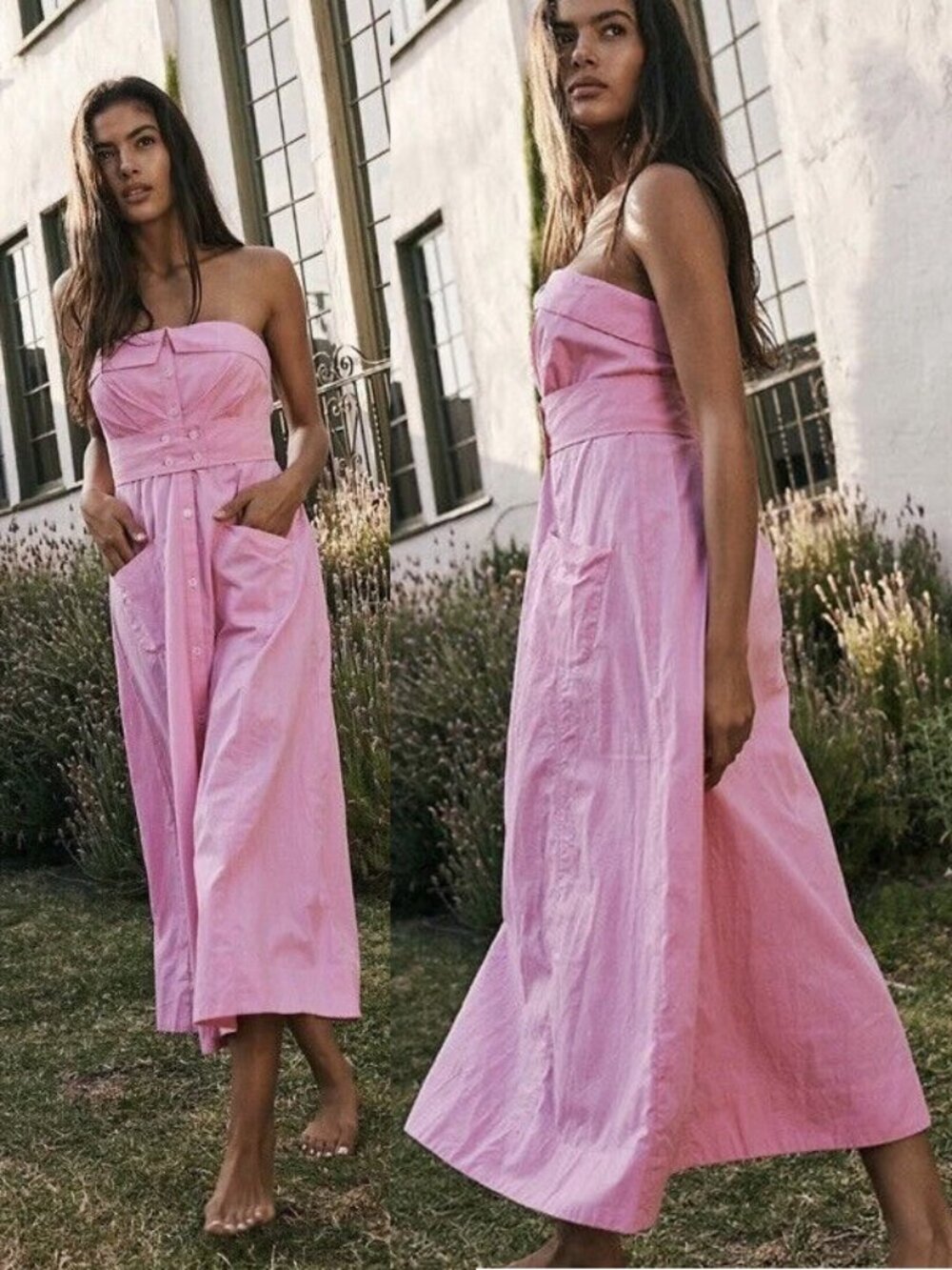 Free People Redone Strapless Shirt Midi Dress Pink Button Front Poplin Smocked